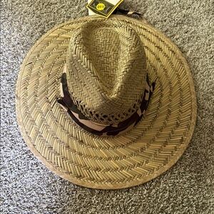 Tan and Brown Wide-Brimmed Straw Hat with Leather Band